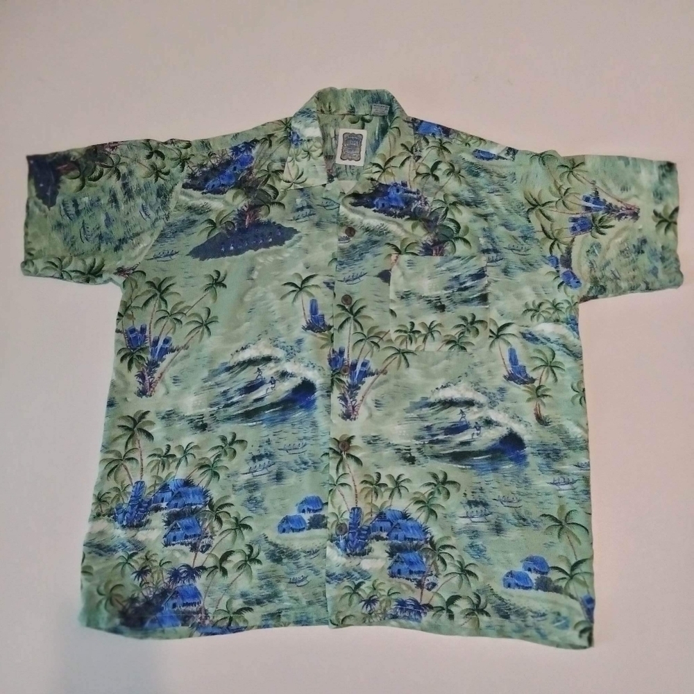 ocean currents‎ men's  button down shirt Hawaiian size s palms vacation beach